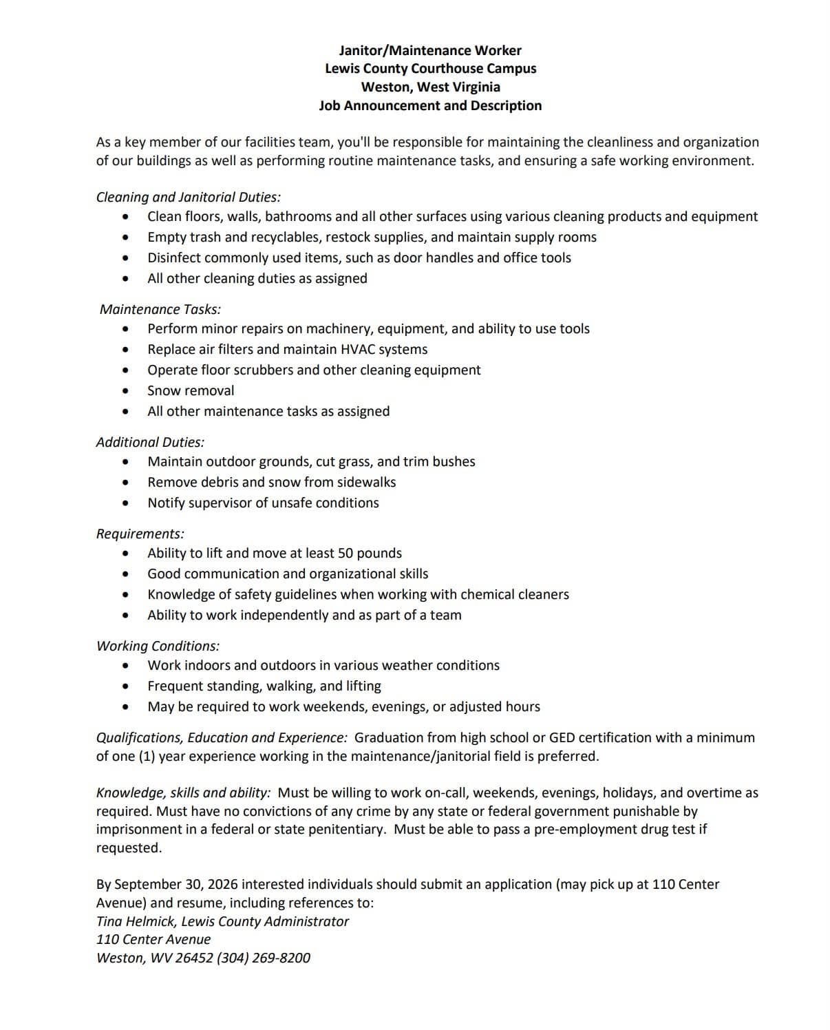 Lewis County Courthouse janitor and maintenance worker job announcement