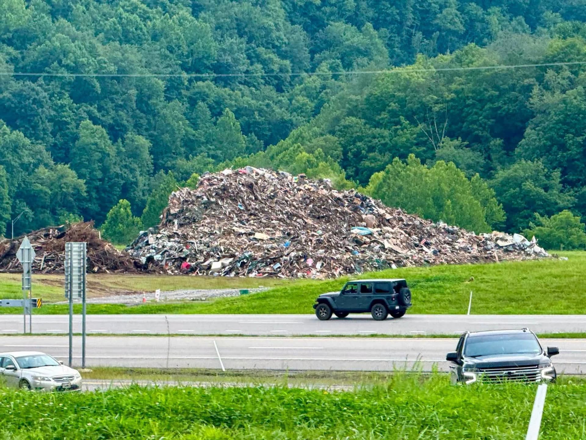 A large pile of flood debris collected during Lewis County cleanup