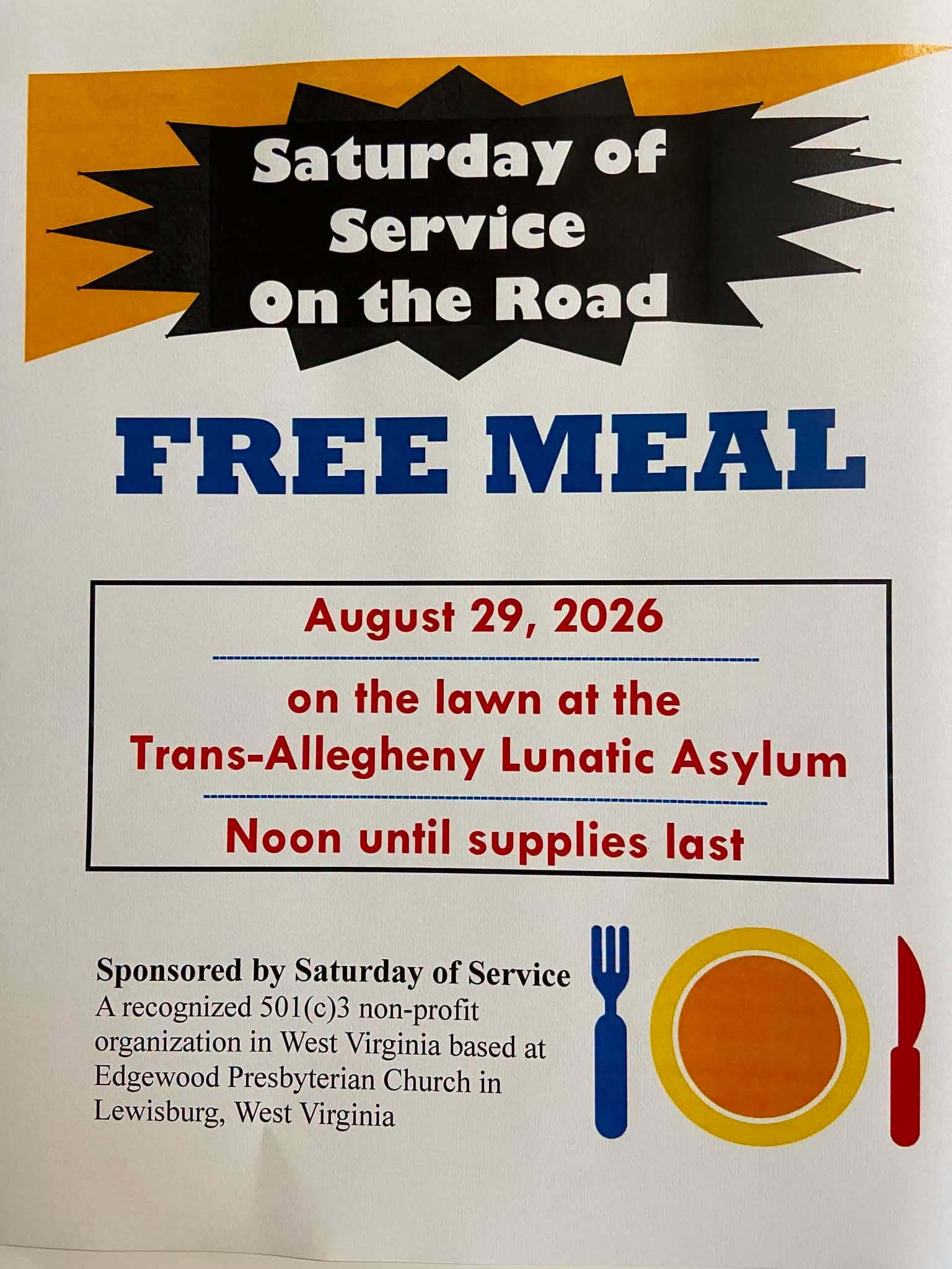 Saturday of Service free meal flyer for August 29