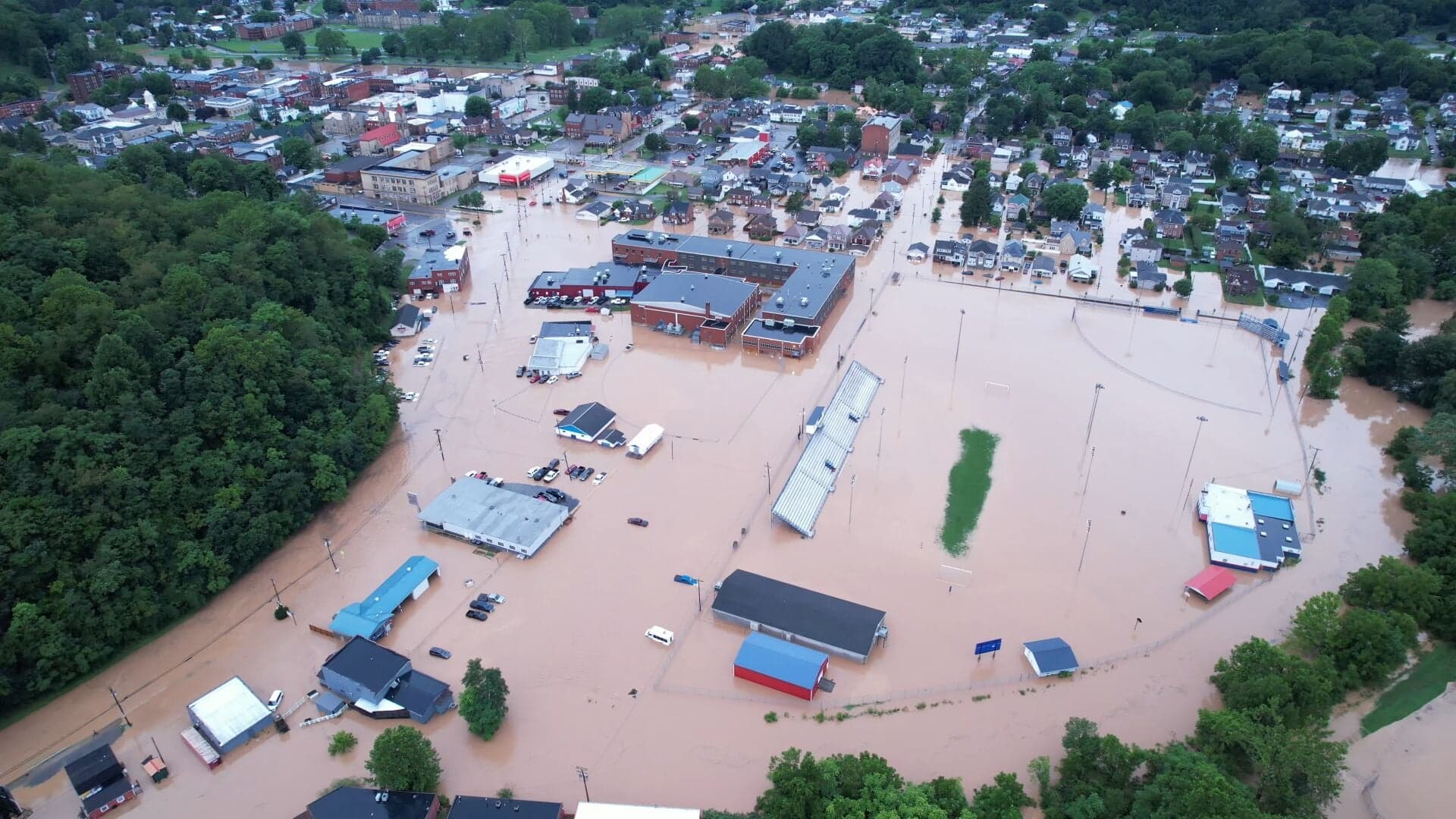 Drone view of floodwater around Robert L. Bland Middle School