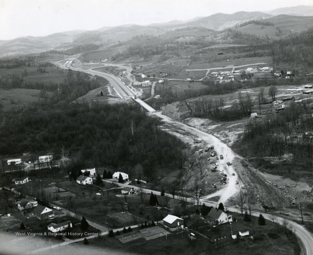 Aerial view of Interstate 79 construction near Jane Lew in 1966