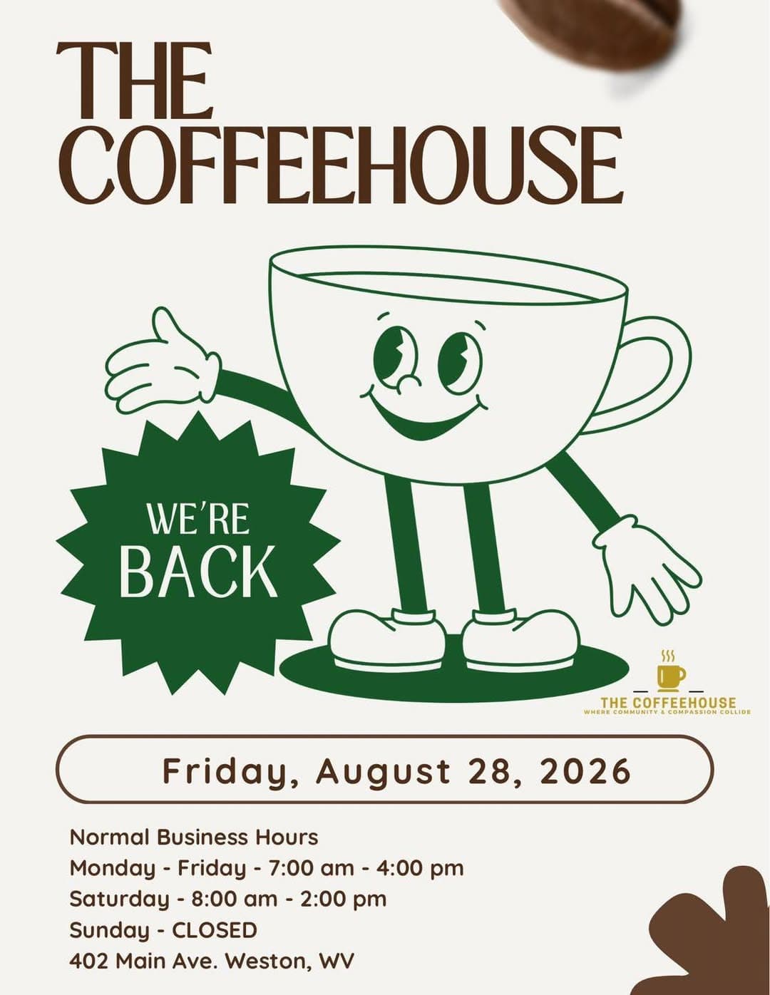The Coffeehouse reopening announcement