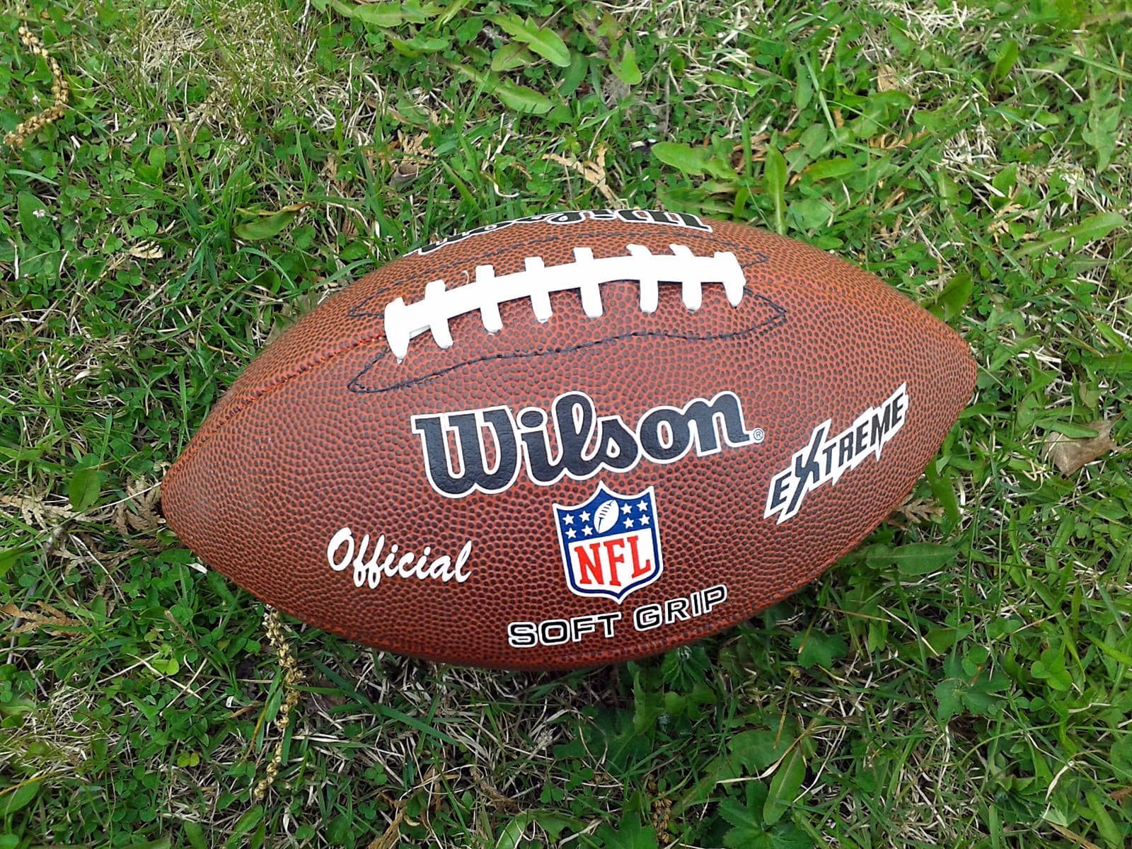 An American football resting on turf